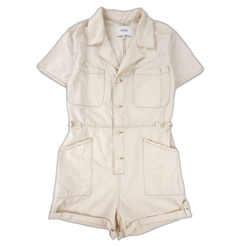 Pistola Parker Short Romper Ecru Denim Minimal Beachy Workwear 90s Clean Girl